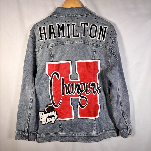 Game Day Jackets & Blazers - Varsity Football Denim Jacket  Large Hand Painted Hamilton Studded Game Day